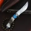 New R7106 Damascus Survival Straight Hunting Knife Damascuss Steel Drop Point Blade Horn & Steel Head Handle Fixed Blades Knives with Leather Sheath