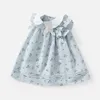 Girl's Dresses Summer Kids Baby Girls Dress Fresh Printed Doll Collar Blue Cotton Check Sleeveless Bowknot Printing 0-4YrsGirl's