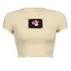 レディース半袖ラウンドネッククロップトップマッシュルーム刺繍パッチTシャツ原宿フリルレタストリムリブニットスリム67jf女性のT-S