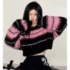 Deeptown Y2K корейский стиль розовый укороченный свитер женский полосатый джемпер винтажный женский осенний пуловер с круглым вырезом с длинными рукавами топы 220809