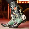 BONJOMARISA Western Cowboy Frauen Cowgirl Mittlere Waden Stiefel Herz Retro Gestickte Slip Auf Chunky Casual Frühling Schuhe Frau 220810