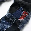 Mäns Straight Slim Fit Ripped Jeans Färgglada Tyg Stitching Tvättade Denim Pants Pantalones Hombre Hip Hop Streetwear Byxor