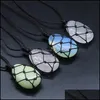 Pendant Necklaces Healing Crystal Oval Natural Stone Weave Net Bag Charms Green Pink Opal Rope Chain Necklace Baby Dhdvw