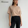 Hirsionsan Grundläggande bomull T-shirt Kvinnor Sommar Loose Solid Tees 18 Färg Casual Loose Tshirt Korean O Neck Female Tops 220411