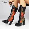 Perixir Boots Women Fashion Camouflage Print Long Boots Winter Dikke Heel Platform Midcalf Boots Knie High Femaleshoes 201110