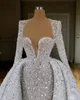 Sparkle trouwjurk met afneembare trein lange mouwen kralen vestido novia bruidsjurken pailletten gewaden de