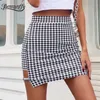 Benuynffy Bianco e Bianco Pianta di stampa di Hundstooth Skirt Summer Fashion Vita alta Cut Out BodyCon Mini Gonna Femmina 220322