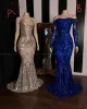 Świecący Cekinowy Szampański Royal Blue Mermaid African Prom Dresses 2022 Długie Rękaw Graduation Formal Sukienka Plus Size Evening Gowns Pro232