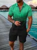 여름 라펠 패션 거리 프린트 슈트 남자 해변 캐주얼 스포츠 지퍼 지퍼 폴로 짧은 슬리브 반바지 2 피스 정장 220726