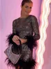 Euphoria Feather Full Sleeve Mini Dress Women 세트 메쉬 Shinny 클럽 파티 저녁 여름 드레스 2 조각 세트 여성 2022 복장 T220816