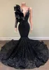 2022 Sparkly Black White Sexy Mermaid Evening Dresses V Neck Illusion Sequined Lace One Shoulder Long Sleeve Sequins Formal Party Dress Plus Size Evening Gowns