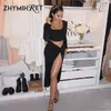 ZHYMIHRET Summer Long Sleeve Crop Top Abito a due pezzi Donna Side Increspato High Split Sexy Party Night Vestidos 220509