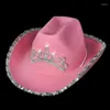 Berets Luminous Tiara Cowgirl Hat Western Style Cowboy Pink Dames Fashion Party Cap Warped Wide Brim met paillettendecoratie 2022berets