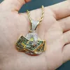 Pendant Necklaces Hip Hop Micro Paved Green Cubic Zirconia Bling Out Rich Holding Dollars Money Pendants Necklace For Men Rapper JewelryPend