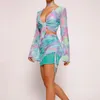 ワークドレス夏の女性服セクシーなメッシュネクタイフロントトップクロスプリントフレアスリーブプリーツスカートセット2ピース衣装