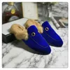 Women Fur Princetown Mules Autumn Winter Warm Wool Slippers Classic Metal Buckle Embroidery Sandals Men Lace Velvet Slipper 35-45