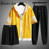 3Piece Set Streetwear Tracksuit Men Sweat Suit Summer s Sets Hooded Zipper Short Sleeve Tops Trousers Short Clothing 220621