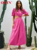 Ootn Pink Hollow Out Dresses Women Chic Holiday Summer O-Neck Puff Sleeve Midi Dress A-Line Single Breasted Elegant Dress 220511