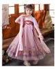 Girl Chiffon Hanfu vestiti per bambini Abiti estivi in ​​stile cinese vestito principessa tang abito a v-collo a maniche corta costume da ricamo a maniche corte