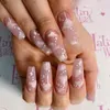 Falska naglar 24 st/set Coffin Fake Naken Pink Cloud Futterfly Decal Ballerina Faux Full Nail Art Tips Löstagbar långtryck på Prud22