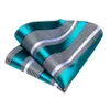 Män binder Teal Blue White Striped Silk Wedding för Designer Hanky ​​Cufflink Quality Set Business 7339