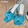 Eilyken Novo verão Butterfly Knot Praça do pé feminino Slipper Slides Ladies High Heel Outdoor Sandals Sapatos