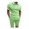 Summer Solid Color Tracks för män Kort ärm Slim Fit Zipper Lapel Polos T-shirt och Sport Shorts 2 Piece Set TZ-41