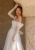 Boho Pearls Split Wedding Dress 2022 Bohemian A Line Tulle bröllopsklänningar från axelstrandens brudfotonklänningar