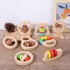 Wooden Teether Bells Wood Rattles Baby Hanging Teether Toys Beech Wooden Ring Silicone Beads Infant Rattle Wooden Baby Toys