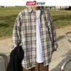 ラップスターメンズハラジュク格子縞のヴィンテージシャツ男日本語ストリートウェアポケットシャツ長袖男性カジュアルボタンアップシャツ210331