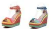 Designer-2012-5 azul naranja Peep-Toe Summer Rainbow Rayas Alta Plataforma Cuñas 3 colores