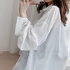 HOUZHOU Blouse en mousseline de soie transparente blanche Chic femmes été surdimensionné chemise à manches longues bouffée Style coréen Cardigan basique haut transparent 220719