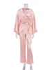 Hiloc Tassel splicing kobiety piżama różowa satynowa odzież nocna z paskiem seksowne zestawy pijamy z dekoltem z spodniami luźne garnitur domowy nowy L220803