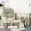 5 Pcs/Set Lattice Women Student Laptop Backpack Canvas School Bags for Teenage Girls Kawaii School Backpacks Book Bag Rucksacks