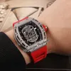 Montre automatique Skull Miyota pour hommes, boîtier en acier, cadran squelette, bracelet en caoutchouc rouge, Super édition Puretime01 052b2