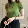 Pearl Diary Women Knitting Tops Short Sleeve Mock Neck Sticked Tshirt Solid Color Basic Style Slim Fit tröja för W220409
