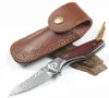 Offre spéciale Damas Flipper Folder Knife VG10 Damas Steel Blade Rosewood + Steels Head Handle Roulement à billes EDC Couteaux de poche avec gaine en cuir