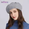 Enjoyfur Femmes Tricoté Laine Béret Chapeaux Chaud Automne Hiver Double Doublé Femme Casquettes De Mode Strass Casual Artiste Chapeau J220722