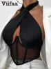 Viifaa Sexy Hollow Out Criss-Cross Halter Mesh Corset Top Women Clubwear Summer Clothes Backless Black Tank Tops 220316