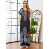 Plus Size Dresses Casual Black Print Arabic Long Dress To The Floor Skirt Suits For Women Summer Tall Female Robe Muslim Short Sleeve