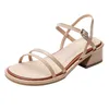 Sandalias Verano Mujer Peep Toe Med Heels Strappy Black Apricot Concise PU ShoesSandalias