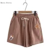 Cartoon Bear Embroidery High Waisted Shorts For Womens Summer Clothing Sweet Style Ladies Kawaii Cute Drawstring Bottoms 220419