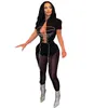 2022 Sexig Sheer Yoga Pants Womens Designer Tracksuits Bandage Shirt Mesh Legings Two Piece Set