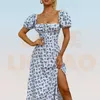 Ditsy Floral Print Puff Sleeve Tie Front High Split Dress Women Ruched Drawstring Party Long Vestidos Sundress 220630