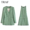 TRAF ZA femmes ensembles élégants Plaid texturé cranté Blazer + sans manches plissée Mini robe tenue de bureau ensemble femme 2 pièces W220331