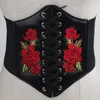 ベルトヨーロッパの弾性ウエスト刺繍入り花のベルトの女性広いレースアップウエストバンドコルセットPUレザースリム形