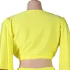 Summer Womens Two Piece Pants Set Yellow Half Sleeve Bandage V Neck Cropped Top + Slim Long Flared Pant Suits Lady 2 Pcs Casual Wears