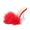2022 Summer Woman Pumps PVC Transparent fjäder Perspex Crystal High Heels Fur Peep Toe Mules Slippers Ladies Slides Skor Y220412