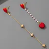 Dangle & Chandelier INS Trendy Flowers Heart Dangle Drop Earrings for Women Alloy Metal Gold Color Long Statement Earring Party Jewelry