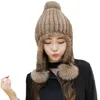 Kış kürk bombardıman şapkası kadınlar tilki pompom ile gerçek vizon kapak kapağı